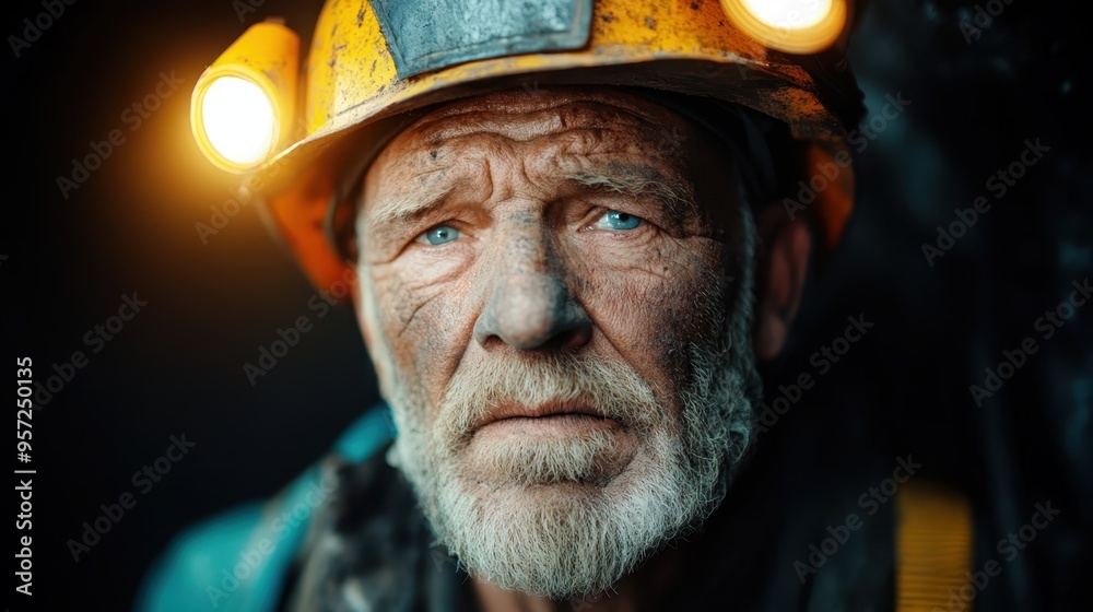 Close-up of an aged miner wearing a headlamp and reflecting a sense of determination and hard work, capturing the essence of labor and the human spirit under harsh conditions. Close-up of an aged miner wearing a headlamp and reflecting a sense of determination and hard work, capturing the essence of labor and the human spirit under harsh conditions.
