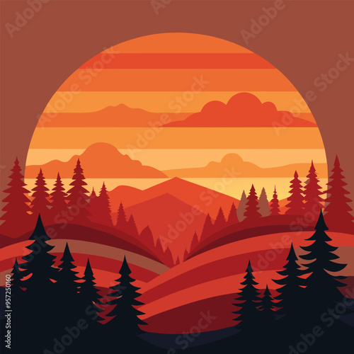 Sunset landscape vector illustration