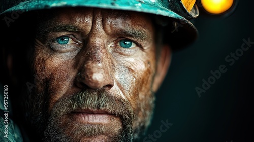 The close-up portrait of a miner with a rugged face marked by grime and sweat captures the raw determination, strength, and endurance that defines the spirit of seemingly impossible tasks. photo