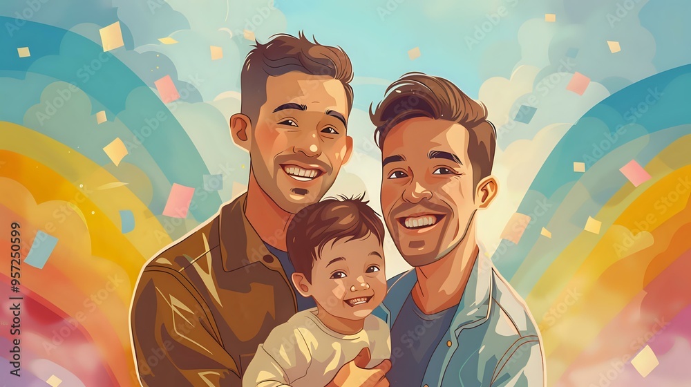 heartwarming illustration of a happy family with two fathers and a child, set against a vibrant rainbow background with confetti. Ideal for themes related to family, love, diversity, and LGBTQ+ pride. heartwarming illustration of a happy family with two fathers and a child, set against a vibrant rainbow background with confetti. Ideal for themes related to family, love, diversity, and LGBTQ+ pride.