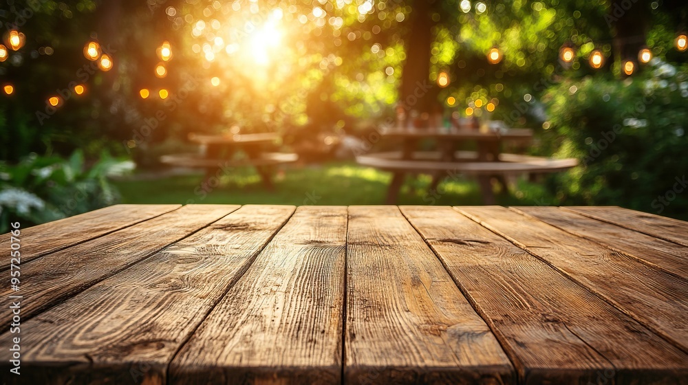 A warm wooden table in a garden during sunset, surrounded by soft glowing lights, perfect for hosting gatherings and meals. A warm wooden table in a garden during sunset, surrounded by soft glowing lights, perfect for hosting gatherings and meals.
