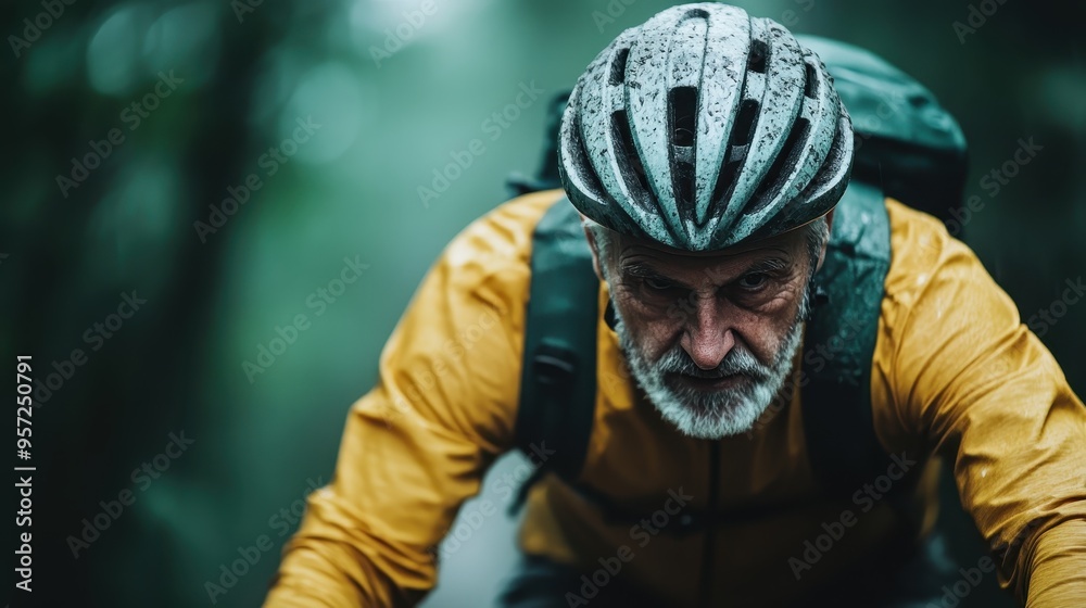 An action-packed photo of a cyclist in a yellow jacket riding through a forest on a rainy day, capturing the intensity and focus of the rider amidst the elements. An action-packed photo of a cyclist in a yellow jacket riding through a forest on a rainy day, capturing the intensity and focus of the rider amidst the elements.