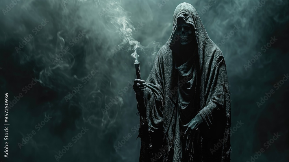 Grim reaper in black robe came to take soul. Foggy dark night. Terrible death, horror movie. Creepy halloween costume. Scary man hold fire torch silhouette. Spooky mystery masquerade. Bad nightmare. Grim reaper in black robe came to take soul. Foggy dark night. Terrible death, horror movie. Creepy halloween costume. Scary man hold fire torch silhouette. Spooky mystery masquerade. Bad nightmare.