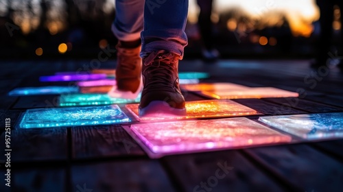 An individual steps on bright, colorful glass tiles in an outdoor setting during twilight, creating a magical and dreamlike scene with an array of vibrant colors. photo