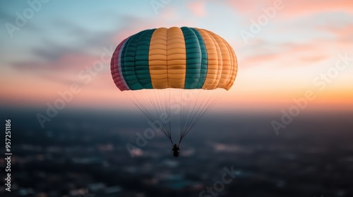 A parachute with vividly colored panels is seen descending against a dusk sky, the person beneath enjoying a serene and exhilarating moment as they drift gently through the air.