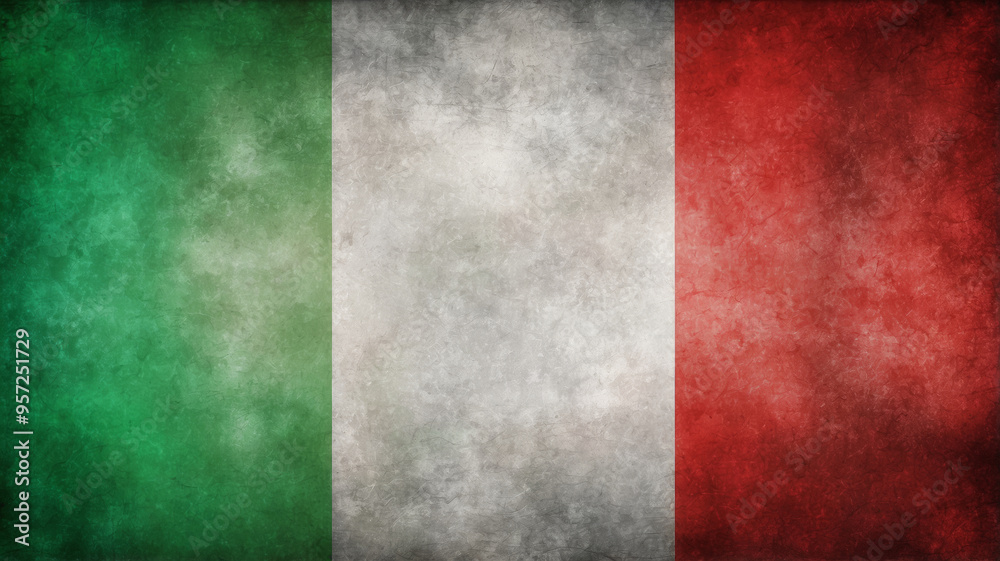Image of the national flag of Italy with a grunge effect. The flag appears aged and worn, with rough texture and faded colors