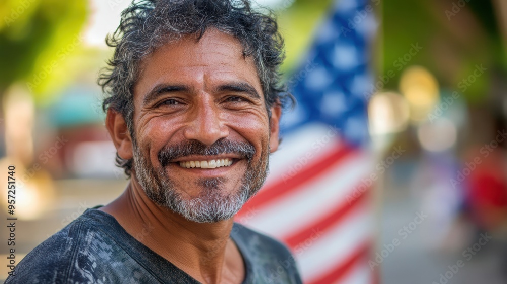 Smiling Mature Man with American Flag in Background Smiling Mature Man with American Flag in Background