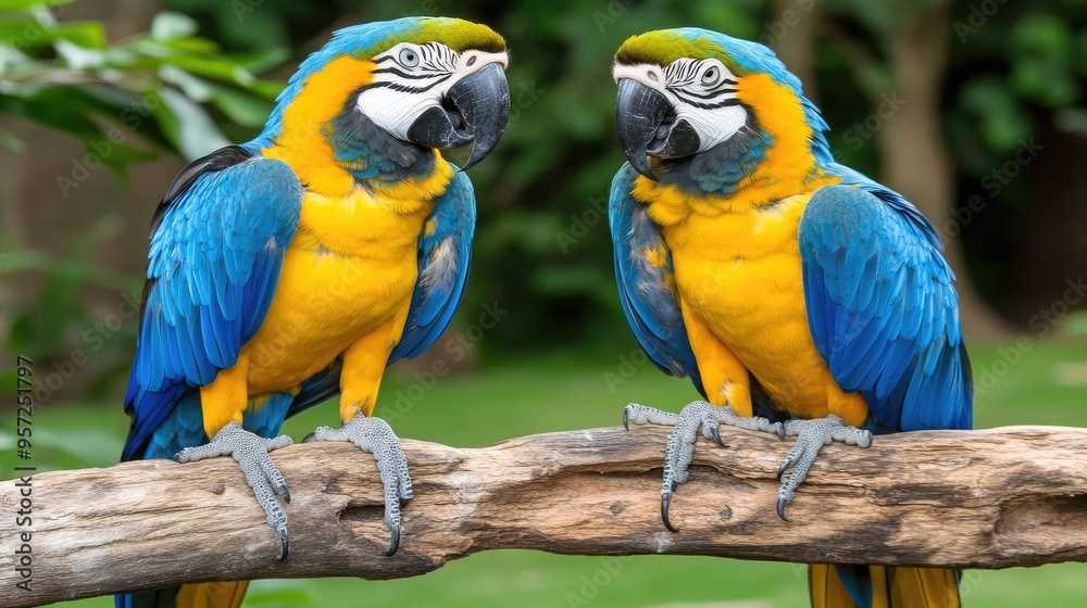 Obraz premium Two stunning tropical birds perched on a branch amidst lush greenery, showcasing vibrant colors and a tranquil forest atmosphere
