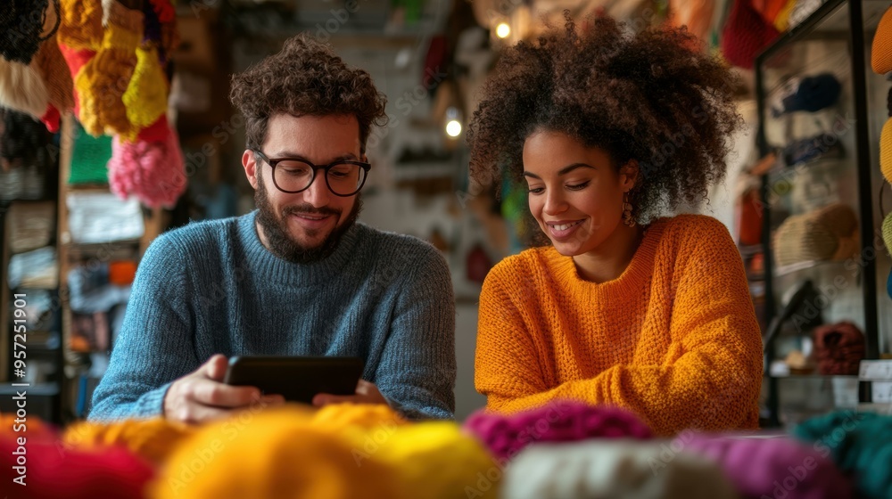 Two people in colorful sweaters, sitting at a table with yarn and crafts, sharing a tablet screen, Suitable for themes related to creativity, crafting, teamwork, and small businesses, Two people in colorful sweaters, sitting at a table with yarn and crafts, sharing a tablet screen, Suitable for themes related to creativity, crafting, teamwork, and small businesses,