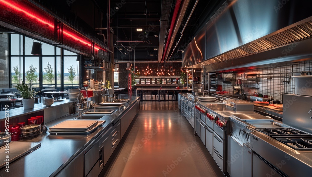 A large professional kitchen with stainless steel appliances, metallic surfaces and industrial style lighting A large professional kitchen with stainless steel appliances, metallic surfaces and industrial style lighting