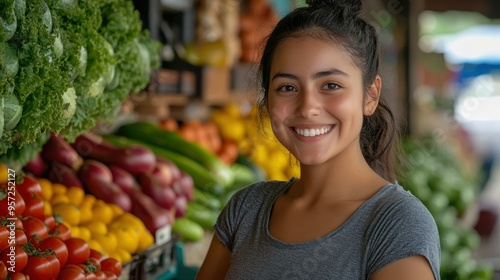 Smiling young woman stands confidently at an outdoor farmers market, surrounded by fresh vegetables like tomatoes, lettuce, and other produce perfect for promoting local food, healthy eating