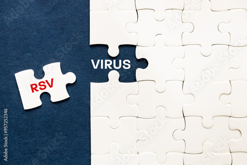 Obraz na płótnie Virus RSV Respiratory Syncytial Virus. A piece of a puzzle removed revealing the word Virus RSV. Medical concept. Seasonal flu, health care, Navy background, Copy space w salonie