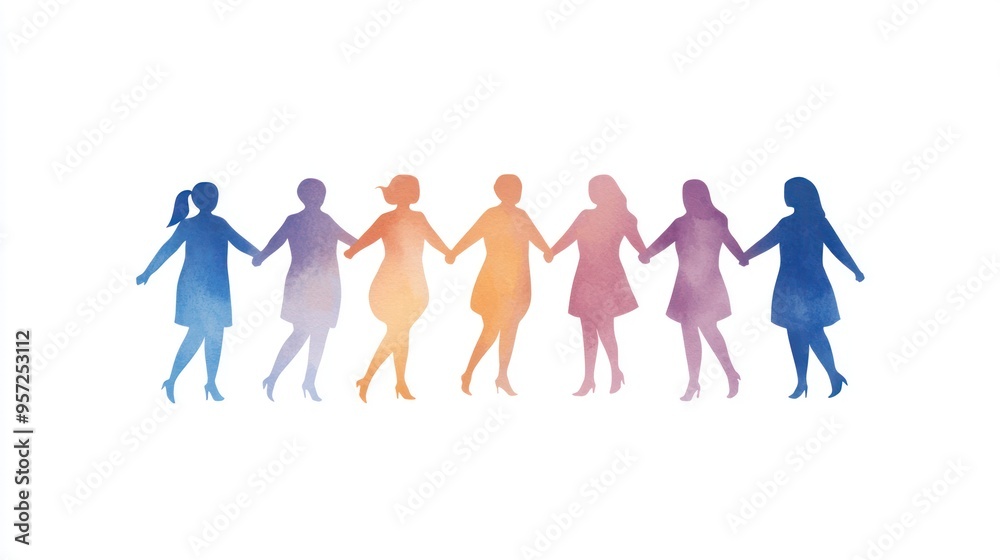 Stylized silhouettes of diverse women holding hands, representing unity, friendship, and empowerment in a colorful gradient. watercolor style Stylized silhouettes of diverse women holding hands, representing unity, friendship, and empowerment in a colorful gradient. watercolor style