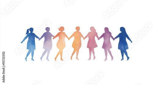 Stylized silhouettes of diverse women holding hands, representing unity, friendship, and empowerment in a colorful gradient. watercolor style