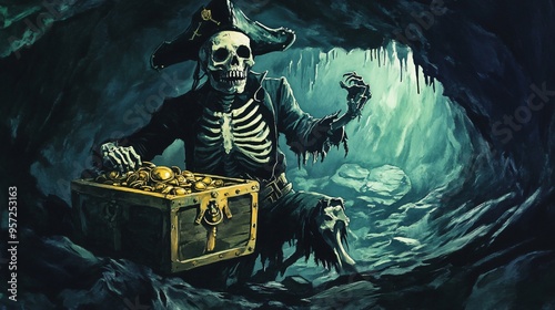 Skeleton pirate, guarding treasure in dark cave, eerie glow, Watercolor style photo