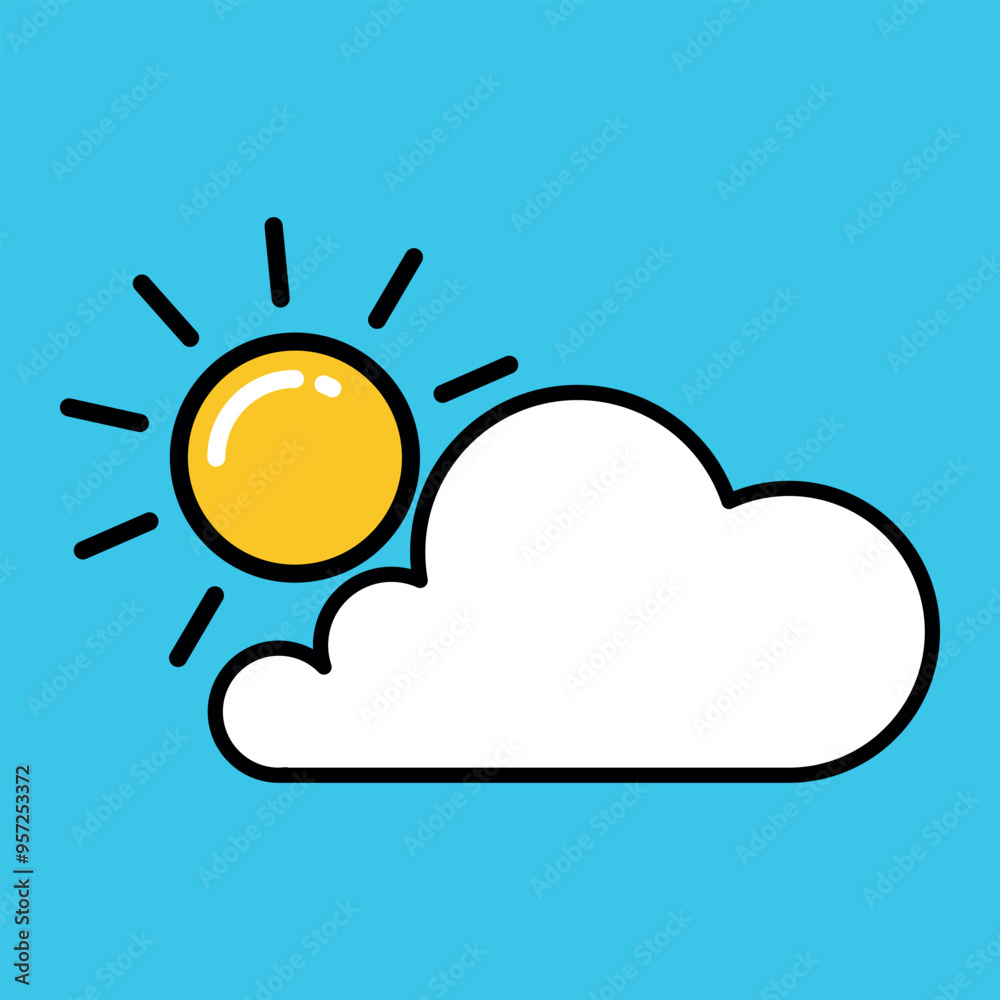 Weather icon. Sun and cloud. Blue background.