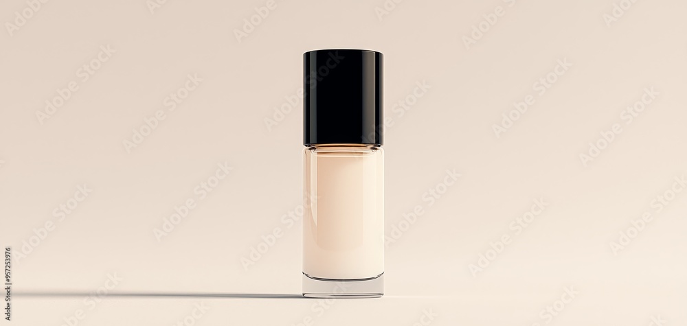 Minimalist Perfume Bottle on Cream Background Front View Glass and Black Cap Soft Light Bottle Mockup Minimalist Perfume Bottle on Cream Background Front View Glass and Black Cap Soft Light Bottle Mockup