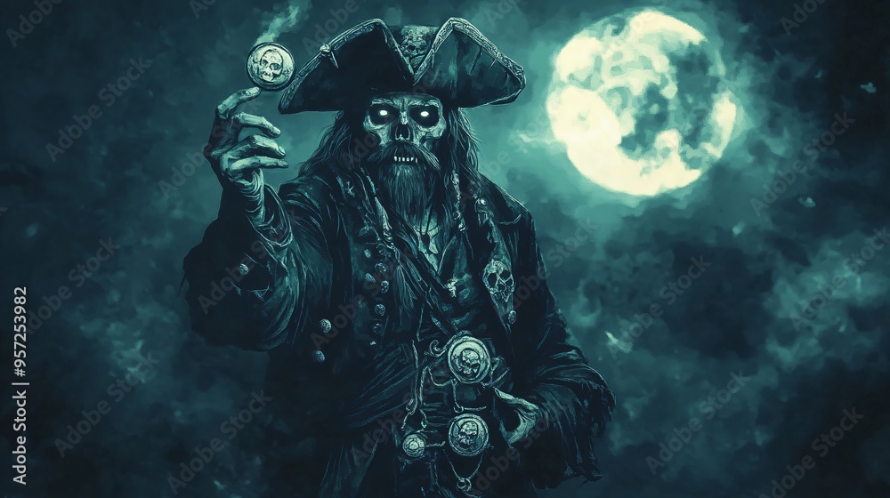 Pirate captain's ghost, holding cursed treasure, moonlit night, Watercolor style Pirate captain's ghost, holding cursed treasure, moonlit night, Watercolor style