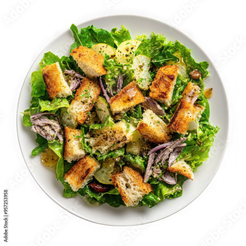 High definition topview photo of Caesar Salad with Anchovies on a white plate with clear boundaries in commercial photoshoot