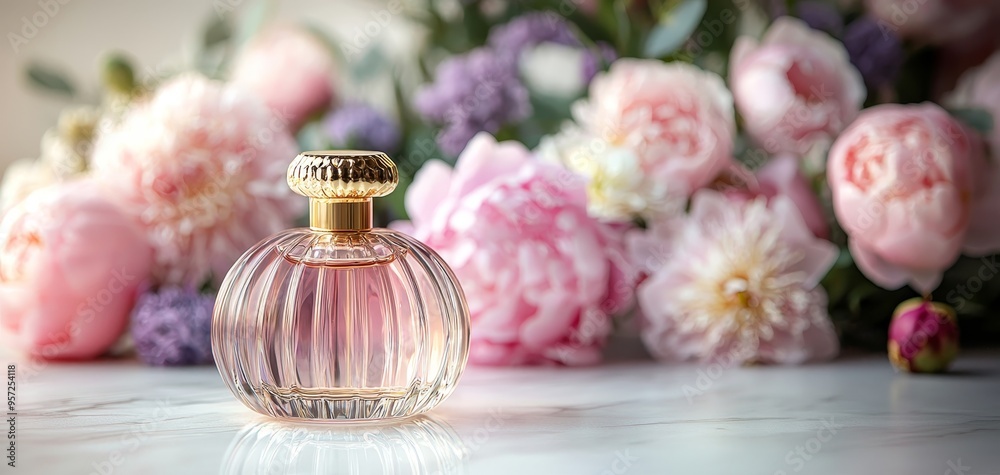 Obraz premium Floral Perfume Bottle A CloseUp of a Delicate Glass Bottle with a Golden Top Set Against a Blurred Background of Pink Peonies on a Marble Surface Bottle Mockup