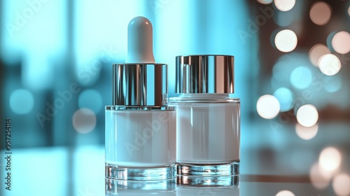 Glass Bottles Reflecting Blue and White Lights Closeup of Minimalist Skincare Products with Bokeh Background Bottle Mockup