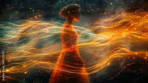 A woman in a glowing dress stands in a field of light. photo