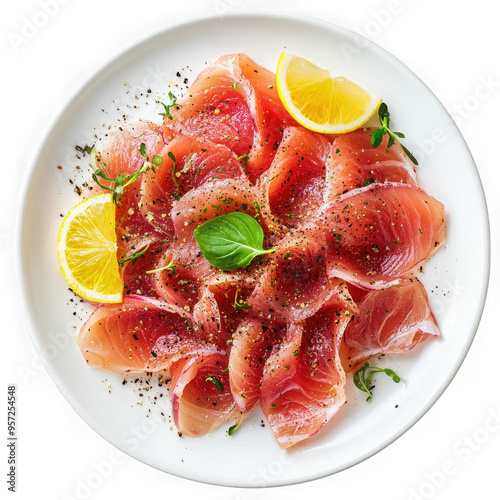 High resolution commercial photo Carpaccio di Pesce on white plate