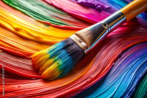 A paintbrush is on a colorful canvas with a rainbow of colors. The brush is in the middle of the canvas, and the colors are spread out in a wave-like pattern. Scene is vibrant and lively