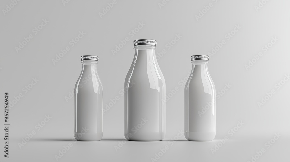 Three Clear Glass Bottles with Silver Caps on White Background Minimalist Product Mockup Bottle Mockup Three Clear Glass Bottles with Silver Caps on White Background Minimalist Product Mockup Bottle Mockup