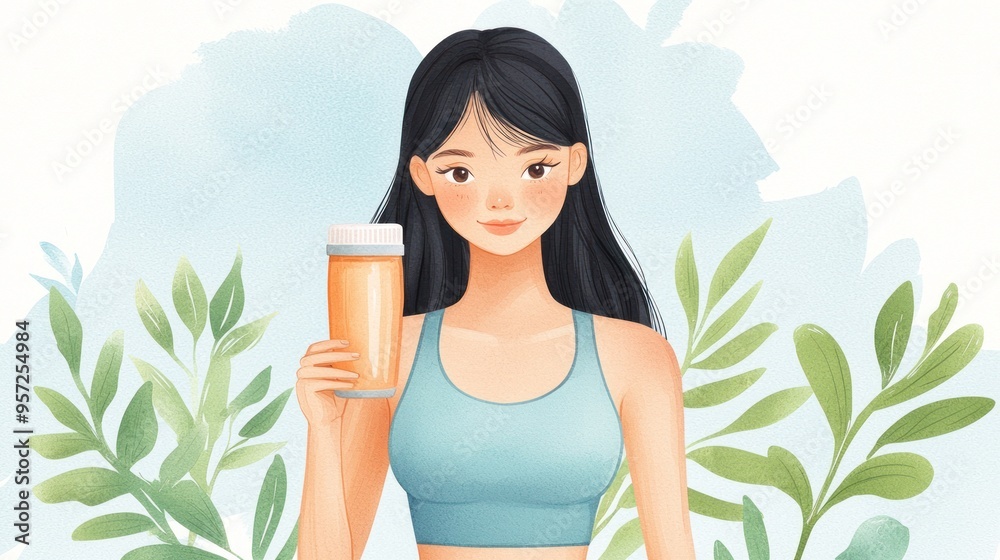 A modern woman in activewear enjoys a healthy drink surrounded by green foliage, promoting fitness and wellness. watercolor style A modern woman in activewear enjoys a healthy drink surrounded by green foliage, promoting fitness and wellness. watercolor style