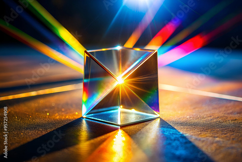Obraz na płótnie A cube of glass is illuminated by the sun, creating a beautiful rainbow effect. Concept of wonder and awe at the natural beauty of light and color w salonie