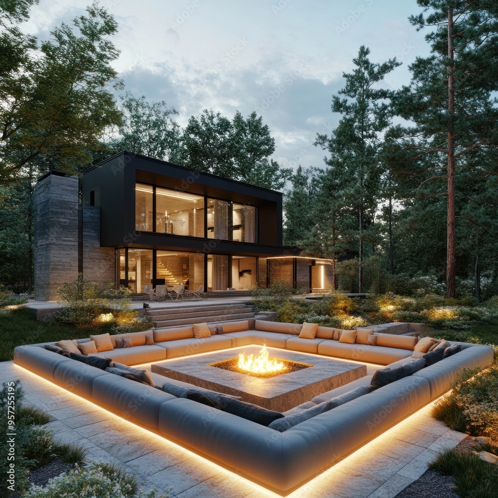 A large outdoor seating area with built-in couches around an oversized fire pit A large outdoor seating area with built-in couches around an oversized fire pit