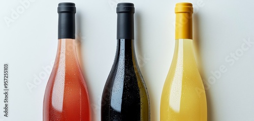 Three Wine Bottles Ros Red White on White Background with Water Droplets Bottle Mockup