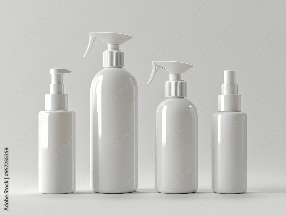 Minimalist Composition of Four White Bottles on a White Background Front View Clean and Simple Bottle Mockup Minimalist Composition of Four White Bottles on a White Background Front View Clean and Simple Bottle Mockup