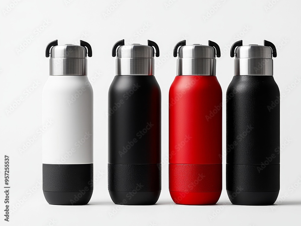 Four insulated water bottles white black red and black on a white background Minimalist flatlay composition Drink up Bottle Mockup Four insulated water bottles white black red and black on a white background Minimalist flatlay composition Drink up Bottle Mockup
