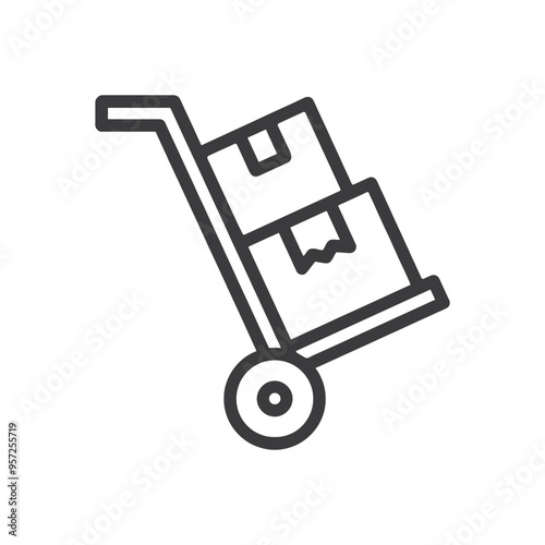 delivery hand truck with cardboard boxes line icon