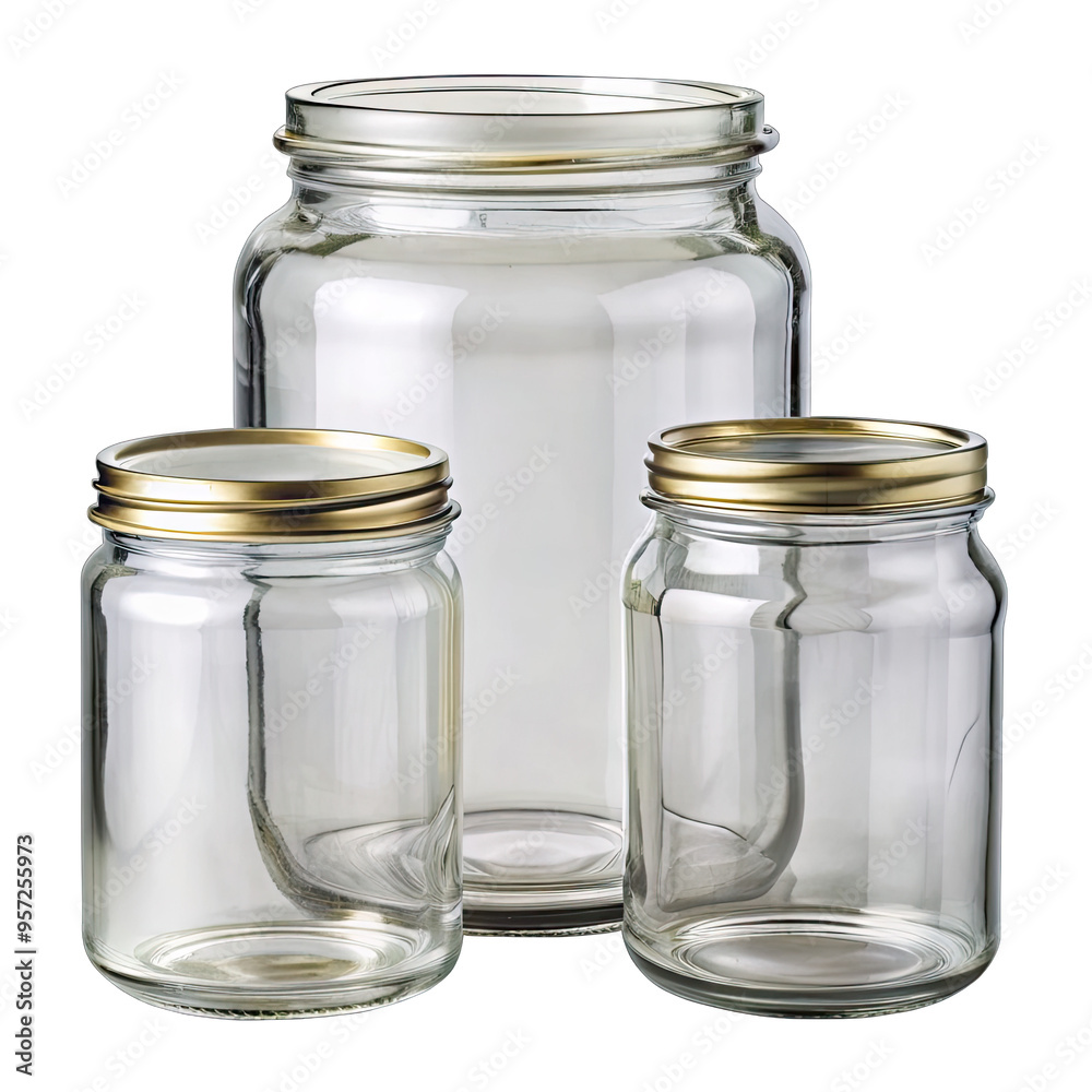 Three clear glass jars with gold lids are isolated on a white background. The largest jar in the center, while two smaller jars are on either side Three clear glass jars with gold lids are isolated on a white background. The largest jar in the center, while two smaller jars are on either side