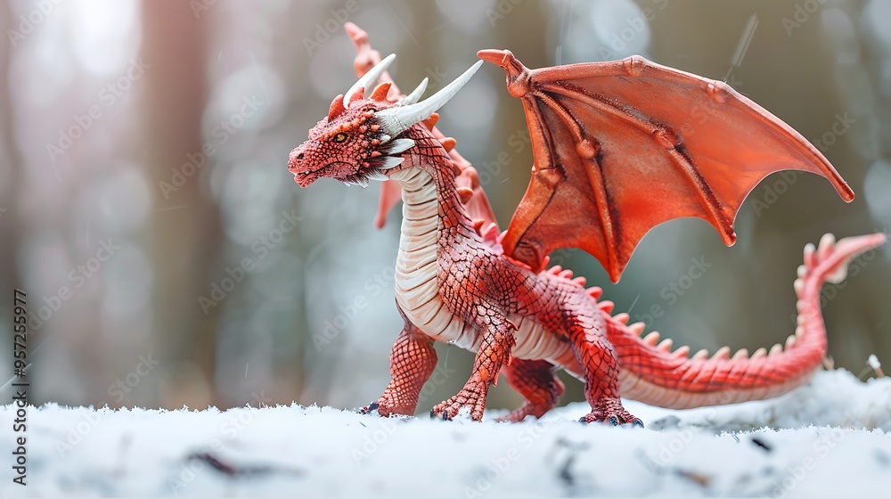 Naklejka premium Toy fire red dragon side view with snow background