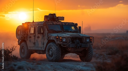 Military vehicle driving on a dirt road during sunset.