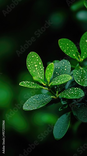 Dewdrops rest on the fresh green leaves of boxwood plants, captured in natural light, highlighting the intricate details and textures of nature's greenery