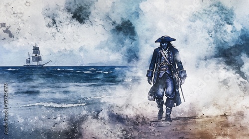 Pirate ghost, wandering a deserted beach, lost in time, Watercolor style