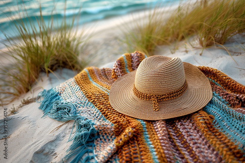 In warm glow of a sunny summer morning, a wide-angle view captures vibrant colors of a straw hat and beach towel laid out on soft, golden beach sand, creating a minimal fashion vogue background that e photo