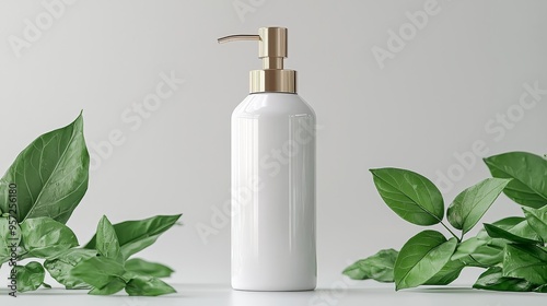 Golden Pump Bottle Centered with Green Leaves on a White Background Minimalist Product Mockup Bottle Mockup