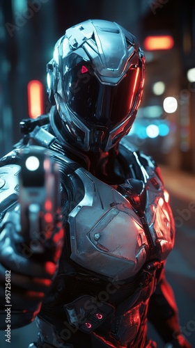 Futuristic game hero character aiming a weapon in a neon lit cityscape at night perfect for mobile and desktop wallpapers