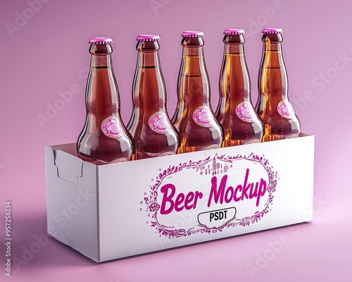 Six Brown Beer Bottles in a White Box Mockup TopDown Perspective on Pink Background PSDT File Included Branding Design Template Bottle Mockup