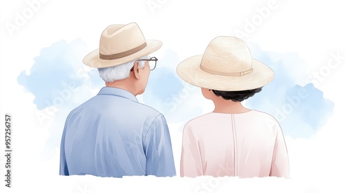 A serene moment featuring an elderly couple wearing hats, enjoying each other's company against a soft blue background. watercolor style