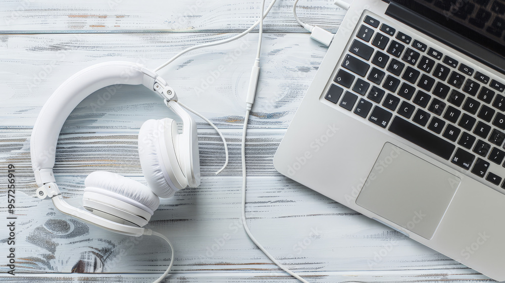 white headphones with laptop on grey wooden table white headphones with laptop on grey wooden table