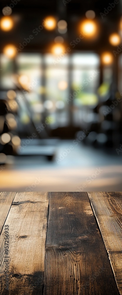A blurred interior of a gym with warm lights and a wooden table in the foreground, creating a cozy and inviting atmosphere. A blurred interior of a gym with warm lights and a wooden table in the foreground, creating a cozy and inviting atmosphere.