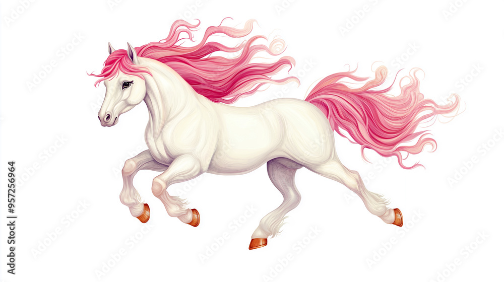a magestic white pony with pink mane illustrated a magestic white pony with pink mane illustrated