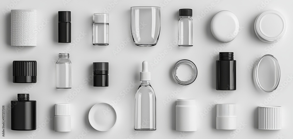 Minimalist Product Mockup Topdown View of Glass and White Bottles Jars and Containers on White Background Bottle Mockup Minimalist Product Mockup Topdown View of Glass and White Bottles Jars and Containers on White Background Bottle Mockup